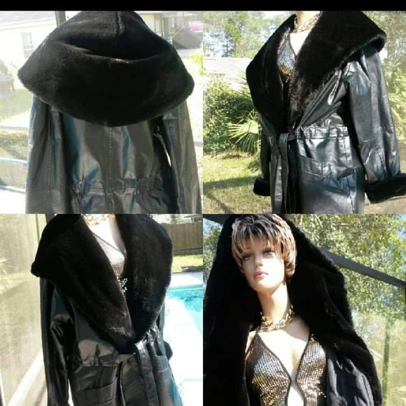 VINTAGE LEATHER WRAP COAT WITH FAUX FUR COLLAR/SLEEVES PLUS SIZE: XLARGE